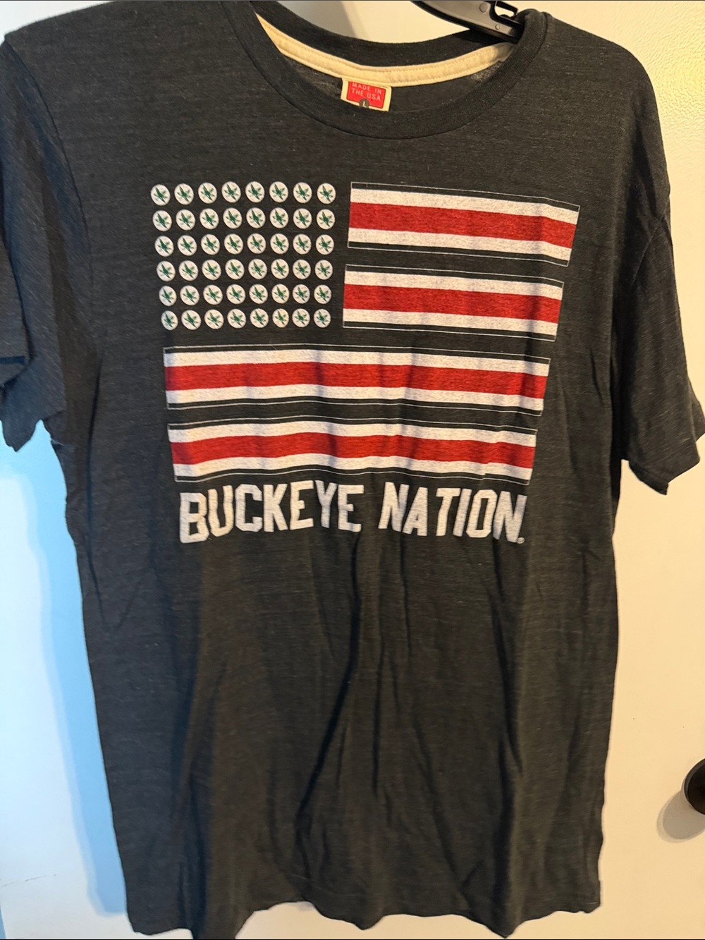 HOMAGE Charcoal Gray 'Buckeye Nation' Flag Tee with Red and White Stripes